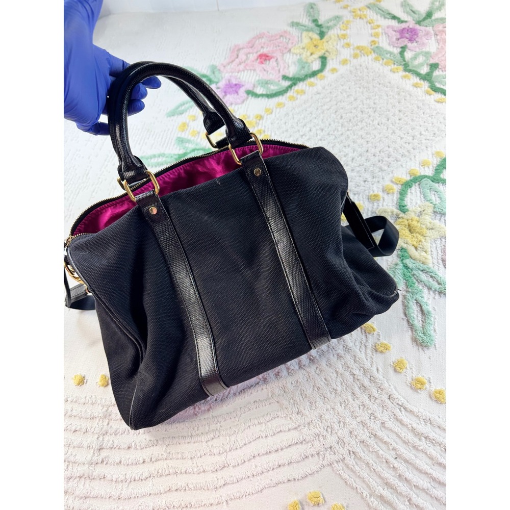 Victorias Secret Black Canvas Duffel Bag Gold Logo Pink Lining Crossbody Satchel - Picture 9 of 10